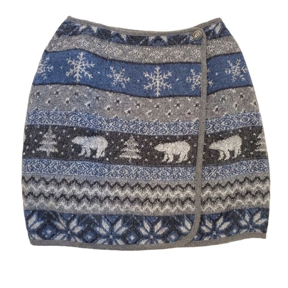 Vintage 80s 90s Gray Blue Fair Isle Mini Wrap Skirt Wool Blend USA‎ Made Sz 6